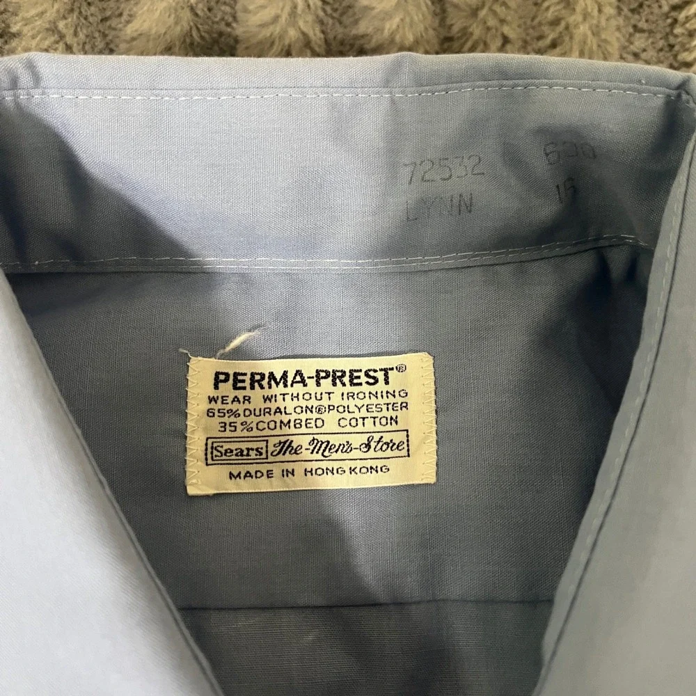Vintage Perma Prest Sears Men's Light Blue Short Sleeve Button Up Shirt Size 16